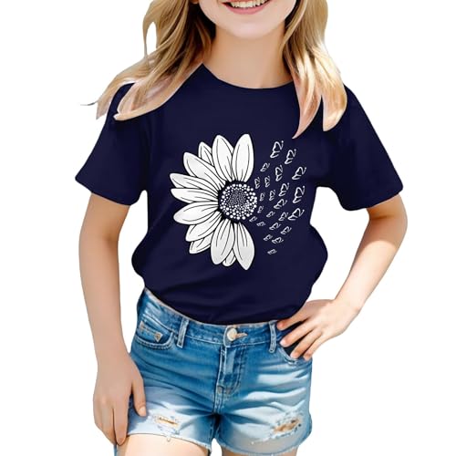 Girls Flower Print T Shirts Loose Fit Summer Basic Tshirts Tops Sunflower Graphic Crew Neck Tees Blouse for Kids
