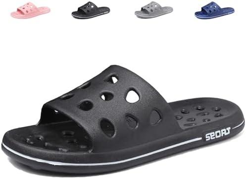 FINLEOO Shower Shoes for Women Men, Quick Drying Shower Sandals with Drain Holes Non-Slip Pool Slides Comfortable Lightweight House Slippers-Black