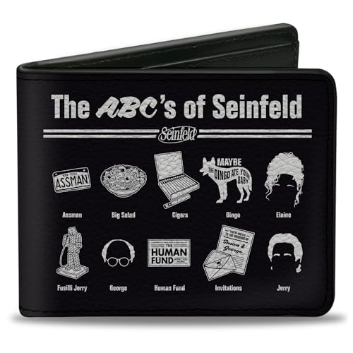 Buckle-Down Men's Seinfeld Wallet, Bifold, ABCs Icons Black White, Vegan Leather, 4.0