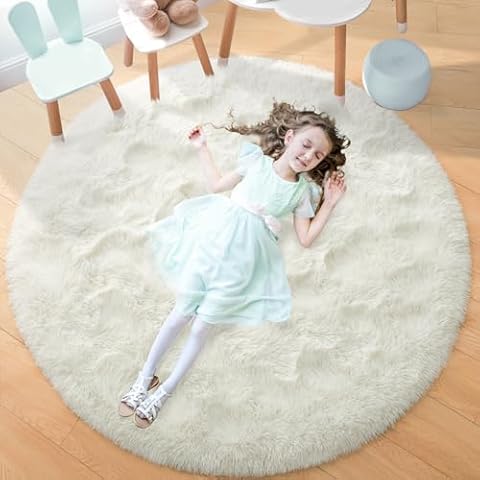 Noahas Fluffy Round Rug 5Ft,Cream White Rugs for Bedroom,Fuzzy Rug for Kids Room,Shaggy Bedroom Carpet,Circle Shag Area Rug,Soft Playroom Rug,Nursery Rug,Room Decor Aesthetic Cover