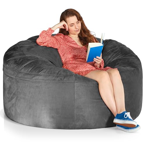 Green Bean Jumbo Max Riesensitzsack mit Memory-Schaum Flockenfüllung – Sitzsack XXL aus flauschigem Velours in 5ft (150x120cm) Dunkelgrau – Indoor Lounge-Sitzsack waschbar & gemütlich