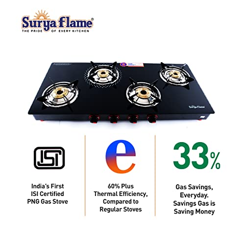 Surya Flame PNG Gas Stove 4 Burners Glass Top with High Powered Brass Burner, Premium Toughened Glass & Powder Coated Body for Modular Kitchen, ISI... - Image 6