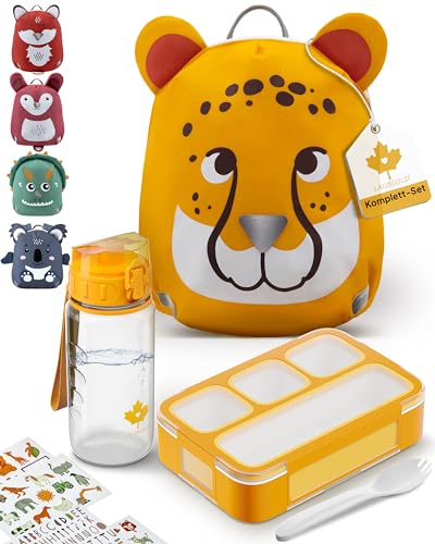 LAUBGOLD® Kindergartenrucksack Jungen u. Mädchen Set inkl. Brotdose u. Trinkflasche mit Stickern | BPA-freies Set | Rucksack Kindergarten Jungen | Reflektoren, Brustgurt, Leicht | Kinderrucksack