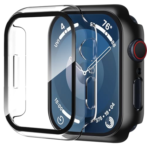 Smiling 2 Pack Case Built in Tempered Glass Full Screen Protector Compatible with Apple Watch Series 9/Series 8 /Series 7 45mm, Hard PC Case Overall Protective Cover- 1 Black + 1 Transparent