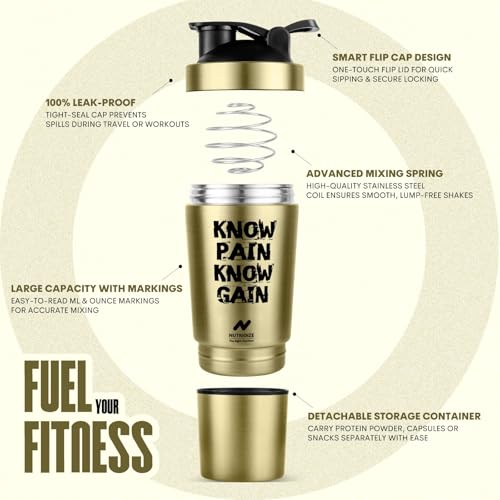 Image of Stainless Steel Shaker Bottle for Protein, 590ml Water Bottle with Extra Compartment | Leak-Proof, BPA-Free, Durable, and Multi-Functional for Protein Shakes (Golden)