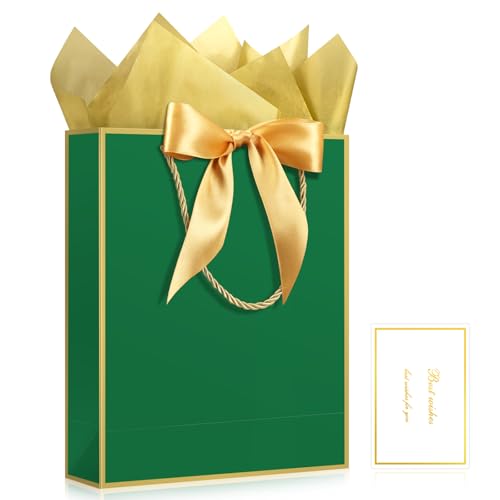 Image of JMANNI 1PCS Gift Bag with Ribbon and 1 Greeting Card 2 Tissue Papers, Portable Paper Gift Bag with Handles, Birthday Present Bags for Wedding Party,Mothers Day 12.6 inch x 9.8 inch x 3.9 inch(green gold
