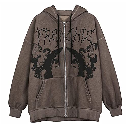 Baonmy Y2k Women's Super Dalian Hoodie Skull Print Long Sleeve Hoodie Sport Sweatshirt Jacket, Oversized Zip-Up Drawstring Cover