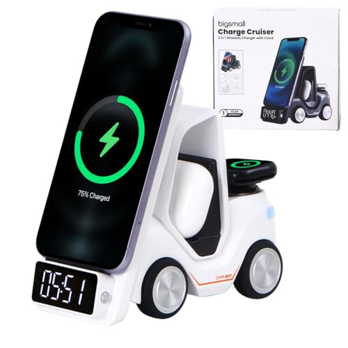 Image of Bigsmall Magnetic 3-in-1 Wireless Charger for iPhone 17 /16 /15 /14 /13 /12 Series, Apple Watch & Air Pods | Fast Charging Stand with Digital Clock & Night Light | White