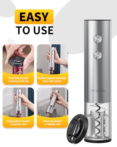 Image of CIRCLE JOY Electric Wine Opener Rechargeable 5-in-1 Stainless Steel Wine Gift Set with Foil Cutter, Wine Aerator Pourer, Wine Drip Ring & Vacuum Stopper, Ideal Gifts for Wine Lovers, Silver