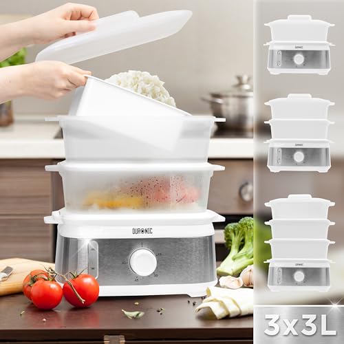 Duronic 3 Tier Food Steamer FS95 Electric Veggie Steamers for Food Cooking Kitchen Steamers for Eggs Rice Meat Momos & Steaming Fish Baby Steam Cooker 9L Steamer Pot - Image 3