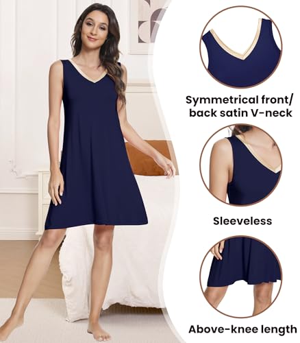 Image of NACHILA Nightgowns for Women-Viscose Made from Bamboo V Neck Nightshirts | Sleeveless Sleep Dress,Satin Sleepshirts,Anti-pilling nightshirt,Moisture-wicking Sleepwear for night sweats,Cooling,OEKOTAX