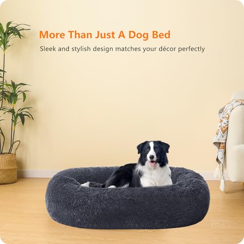 HMTOPE Orthopädisches Hundebett rund Hundekissen Hundesofa Katzenbett Donut Kuscheliges Hundekorb Waschbar, 90 cm Ø, Dunkelgrau
