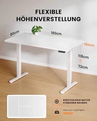 Bild 2 - ErGear Höhenverstellbarer Schreibtisch-160 x 80cm,100 KG Tragkraft Elektrischer Schreibtisch mit Fortgeschrittenem Bürstenlosem Motor, Leise Funktion, Robuster Metallrahmen, Vierteilige Tischplatte