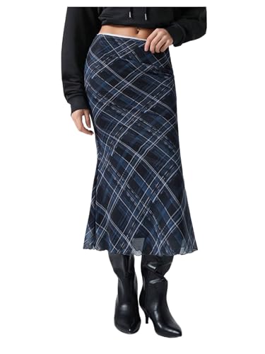 Floerns Women's Plaid Mesh Fishtail Skirt High Waist Lettuce Trim Summer Midi Skirts