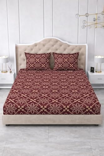 Image of 300 TC Cotton Feel Glace Cotton Elastic Fitted Bedsheet for King Size Double Bed | Fits up to 8 Inch Mattress | Printed Bedsheet with 2 Pillow Covers (New Wine, Queen Size - 60 inchx78 inch)