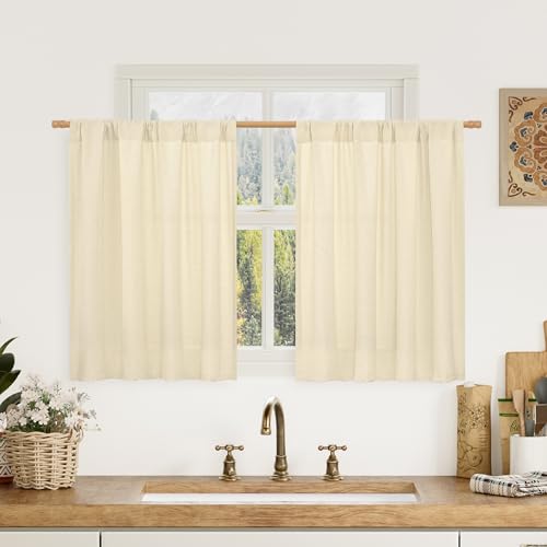 Image of LAMIT Semi Sheer Beige Linen Curtains 30 Inches Long for Kitchen Window