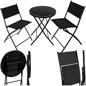 tectake® Bistroset, Tisch und 2 x Stuhl, Kleiner runder Esstisch, Klapptisch und Klappstühle Set, platzsparende Möbel Outdoor wetterfest für Balkon, Terrasse, Gartenmöbel - schwarz