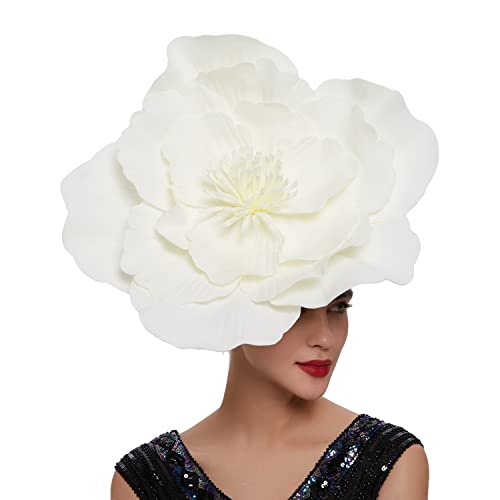 LDFWAY Large Flower Fascinators for Girls Women Tea Party Cocktail Headwear Derby Hats with Headband and Clip for Wedding Beige