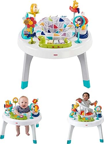Fisher-Price Baby To Toddler -Toy 2-In-1 Sit-To-Stand Activity Center with Music Lights and Spiral Ramp, Spin â€˜N Play Safari