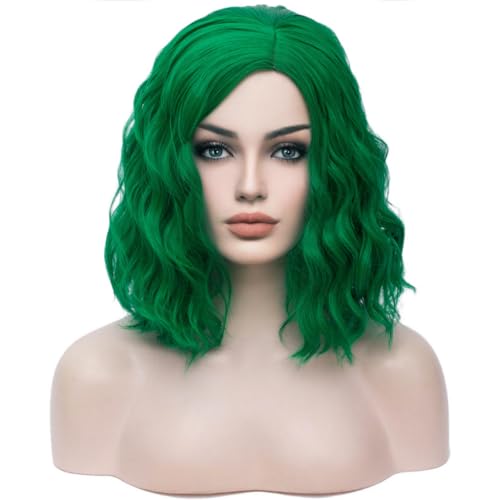 Image of BERON Green Wigs for Womens Short Curly Wavy Hair Wig Girls Dark GreenSide Part Wigs Heat Resistant Synthetic Party Cosplay or Daily Wig