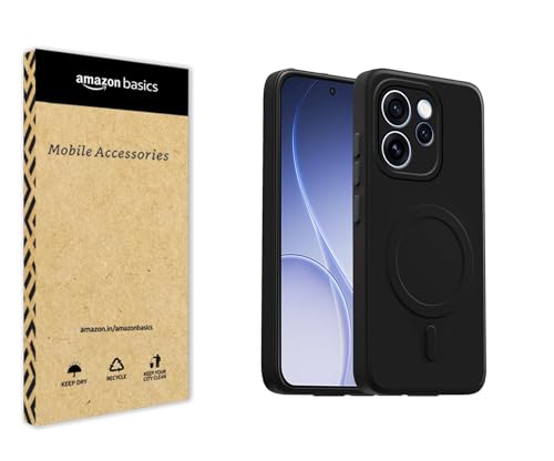 Image of amazon basics Back Cover for Oppo Reno 15 Pro Mini 5G Soft Matte Silicone Mag-Safe Design (Mag-Safe Not Support) Camera Protection | Slim Fit Bumper Cover (Black)