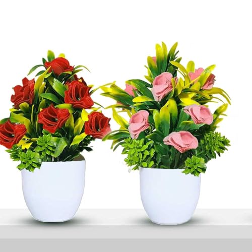 Image of Artificial Flower Plants for Home Decor - Set of 2 Mini Potted Plants (7 Inch) in White Pots | Red & Pink Faux Flowers for Living Room, Office, Indoor Outdoor Decoration