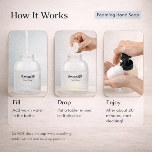 Image of flowcheer Foaming Hand Soap Refill Tablets, Aloe & Cucumber Scent, 12 Pack | Makes 108 fl oz (12 x 9 fl oz Bottles), Fresh & Clean Handwash, No Plastic Bottle
