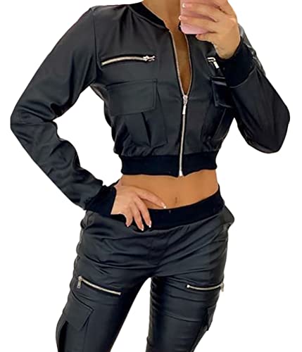 ORANDESIGNE PU Lederjacke Damen Gothic Schwarz PU Leder Jacke Frauen Eine Schulter Halter Schnalle Kurzmantel Y2K Crop Tops Outfits Mode Streetwear Cropped Jacken H Schwarz M
