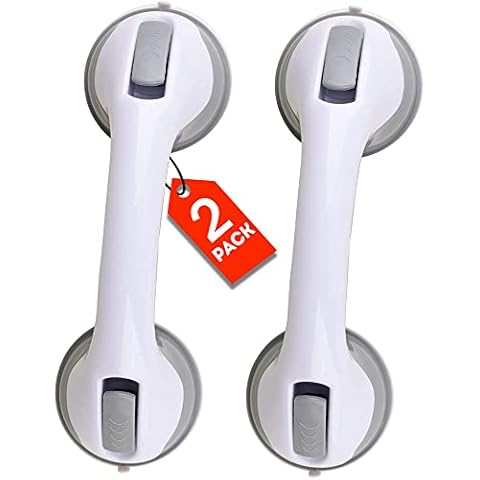 (2 Pack) Shower Handle 12 inch Grab Bars for Bathtubs and Showers Suction Bar Handles Handicap Elderly Seniors Safety Bathroom Bath Grip - Balance Assist ONLY for Tiles Glass & Hard Plastic Cover