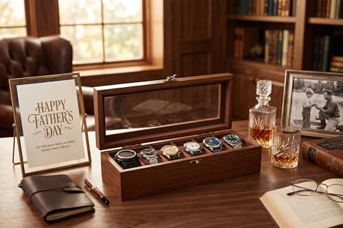 Image of Watch Box, Watch Case for Men Women with Large Glass Lid, Wooden Watch Display Storage Box with 6 - Slots, Retro Walnut Mens Watch Box Organizer