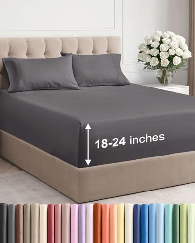 Image of Extra Deep Twin Sheet Set - 4 Piece Breathable and Cooling Sheets - Hotel Luxury Bedding for Women, Men, Kids & Teens - Easy & Secure Fit - Soft, Wrinkle Free and Comfy w / Extra Deep Pockets - Grey