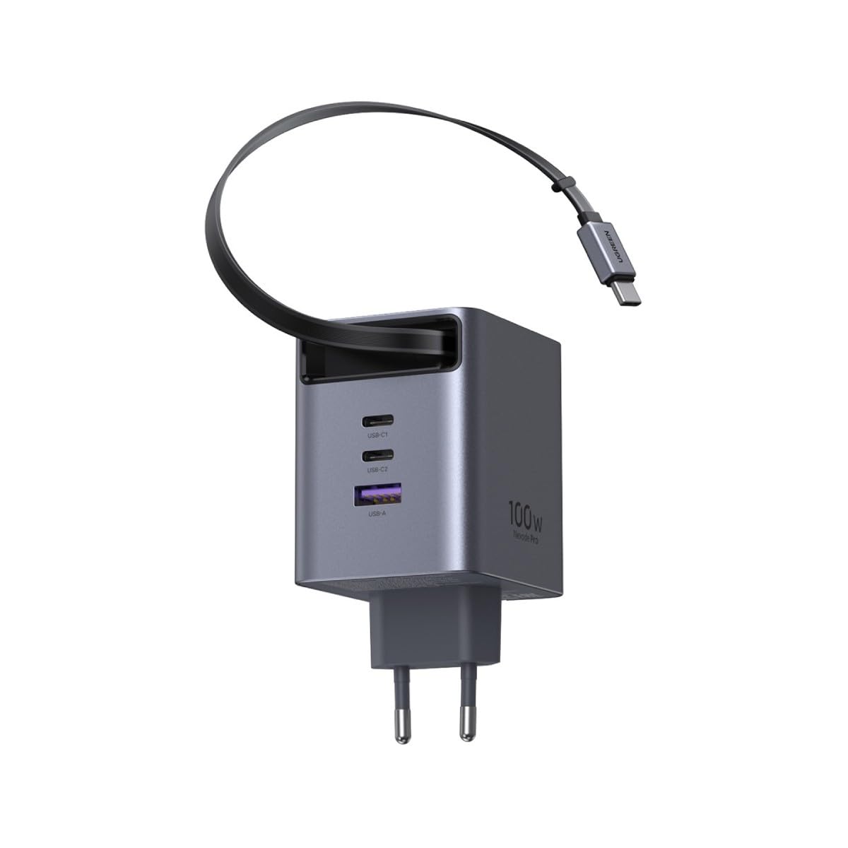 Carregador Ugreen Nexode GaN Infinity 1x USB-A + 2X USB-C 100W com Cabo Retrátil