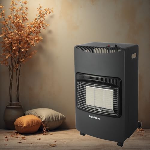 EcoPrice® Stufa A Gas Pieghevole, Infrarossi, Accensione Piezoelettrica,Adatta Per GPL/Butano/Propano, Bombola da 15Kg, Sistema ODS, Kit di Montaggio e tubo regolatore incluso - Nera