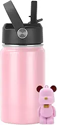 Garrafa Térmica Infantil Inox 350ml com Canudo, Alça e Antivazamento | Acompanha Chaveiro 3D (Rosa)