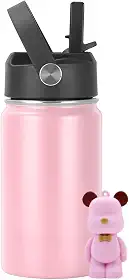 Garrafa Térmica Infantil Inox 350ml com Canudo, Alça e Antivazamento | Acompanha Chaveiro 3D (Rosa)