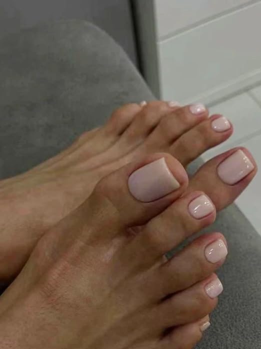 Press On Nails nude Pink classic Medium Square Shaped False Toe Nails Jelly Glossy 24pcs, stylish nude, Fake acrylic nails with glue kit
