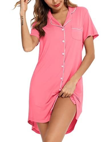 Image of Pjmlifecoco Nightgown for Women Button Down Sleepshirt Short /Long Sleeve Nightdress Soft Modal Sleepwear S-XXL