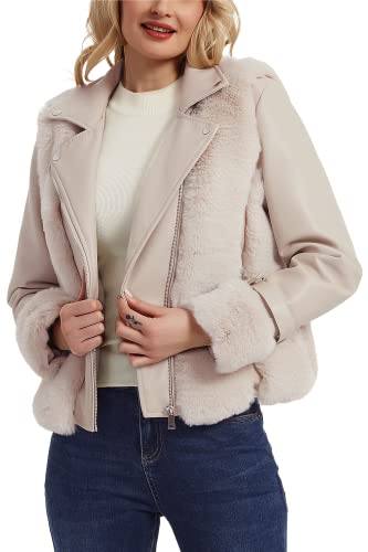 Bellivera Faux Fur Leather Jacket Women Short Winter Warm Fashion Casual Motorcycle Biker Furry Fluffy Lapel Coat 218 Beige XL