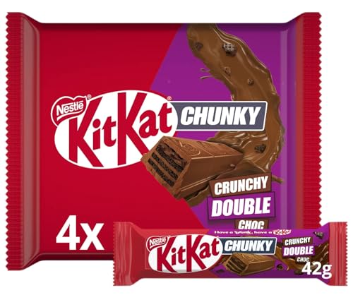 KitKat Chunky Crunchy Double Choc, kit Kat galleta relleno de chocolate con leche, cereales de arroz, cacao y recubierto de chocolate con leche de 168g (NUEVO)