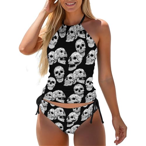 Punk and Gothic Skulls Women's Tankini Swimsuits Two Piece Bathing Suits Adjustable Sling Swimwear Sets