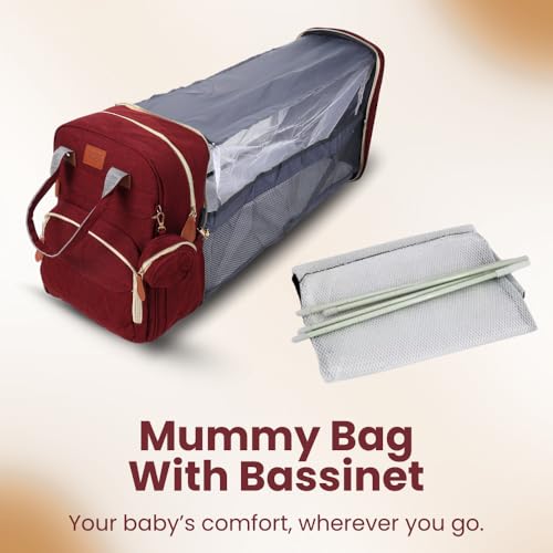 Image of Diaper Bag Backpack with Built-in Changing Station,Large Capacity Waterproof Mummy Bag with Bassinet,Insulated Pockets,Laptop Compartment & Organizer for Baby Essentials Travel,Unisex-Maroon