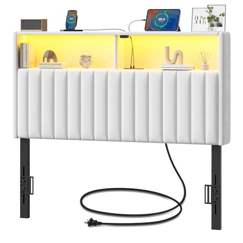 Rolanstar Headboard for Twin Size Bed with Storage, Velvet Upholstered Head Board with USB & Type C Port, 60,000 DIY Color of LED Light Height Adjustable, Sturdy, Easy Assembly, White