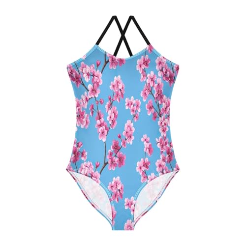 Cherry Blossom Branches Flowers Blue Girl Bathing Suit with Adjustable Shoulder Strap, Beach Apparel, 3-10