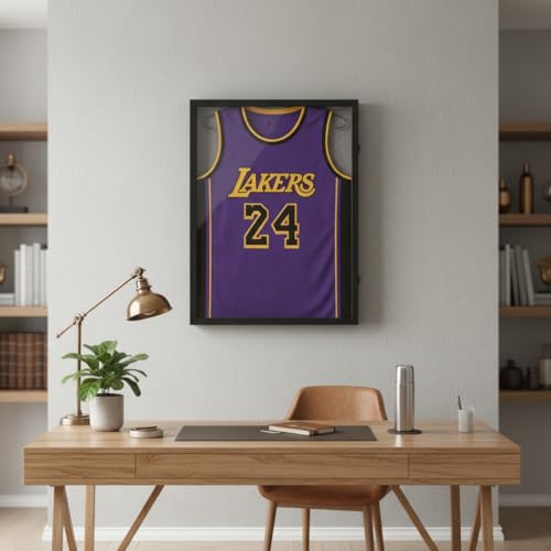 Image of Large Lockable Jersey Frame Display Case Wall Mount, T-Shirt Shadow Box with Clear UV-Protective Acrylic, Hangers Linen Backing for Football, Basketball, Baseball