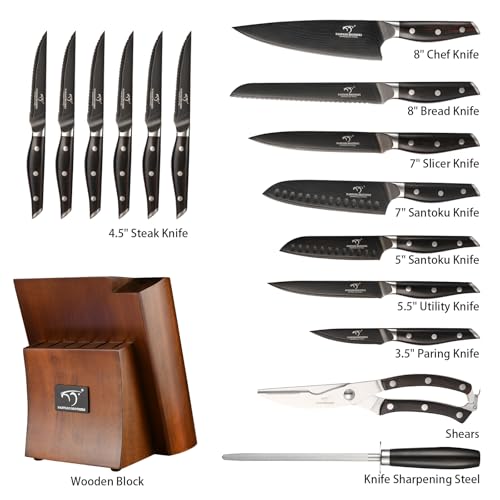 Image of NANFANG BROTHERS 16-Piece Damascus Knife Set with VG10 Core Blades, 67-Layer Damascus Steel, Black Titanium Coated Kitchen Knives for Polished Ebony Wood Handle, Professional Chefs & Home Cooking