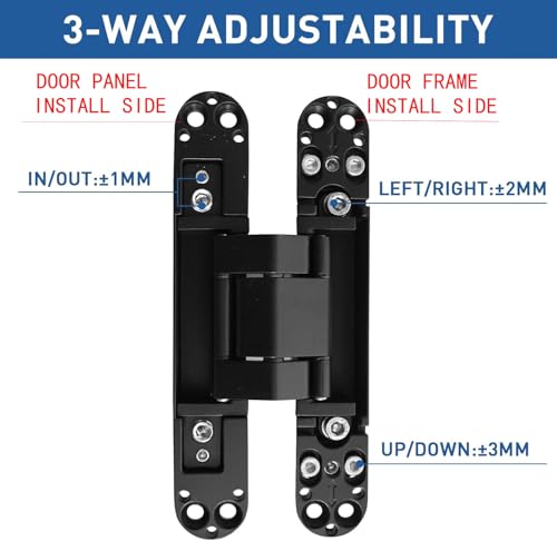 TamBee Hidden Door Hinges Invisible Hinges Concealed Hinges Zinc Alloy 180 Degree Swing Hinge 3 Way Adjustable Butt Hinge 6 x 2.5 x 1 inch Black (2 PCs, Black)