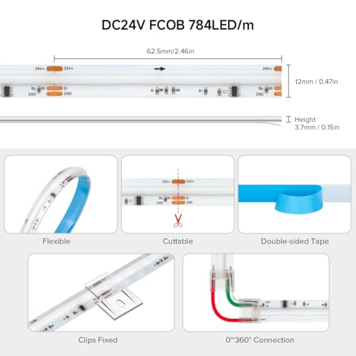 Image of BTF-LIGHTING FCOB IP66 COB LED Strip WS2814 IC RGBW 4000K 2X16.4FT Total 32.8FT 784LED /m DC24V Flexible High Density Light 10mm Width for Indoor Decor(No Adapter or Controller)