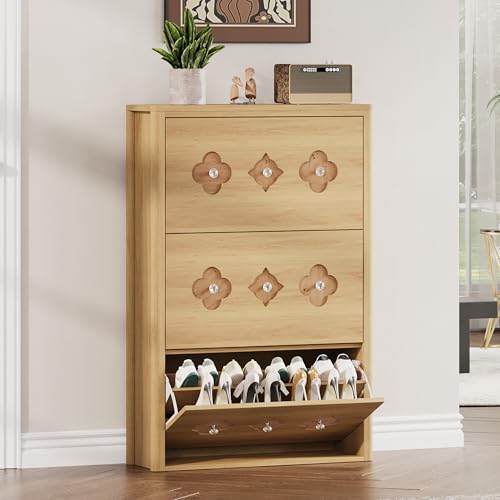 Image of GarveeHome Shoe Storage Cabinet with 3 Flip Drawers, Narrow Wood Shoe Organizer Cabinet with Floral Pattern, Freestanding Slim Shoe Rack Cabinet with Adjustable Shelves, for Entryway, Hallway, Natural | Floral Pattern, Shoe Cabinet for Entryway, Hallway, Living Room, Narrow Wooden Shoe Cabinet with Adjustable Shelves