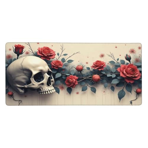 Tapis de souris de jeu grand format avec crâne rouge et roses gothiques pour bureau