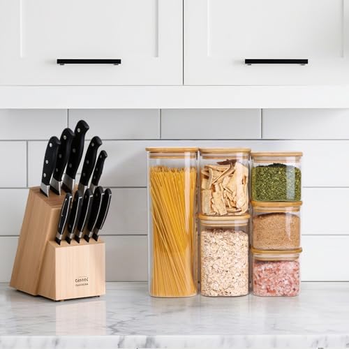 ComSaf Glass Spaghetti Pasta Storage Containers with Lids 2.2 Qt Set of 3, Tall Clear Airtight Food Storage Jar with Lid for Noodles Flour Oat Cereal Sugar Beans, Sqaure Spaghetti Pantry Containers